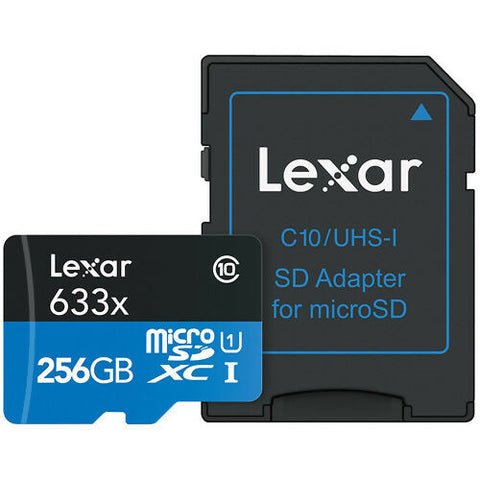 LEXAR عالي الأداء 256 جيجابايت 633X MICROSDXC UHS-I مع محول SD، سرعة تصل إلى 100 ميجابايت/ثانية، قراءة 45 ميجابايت/ثانية، كتابة C10 A1 V30 U3 