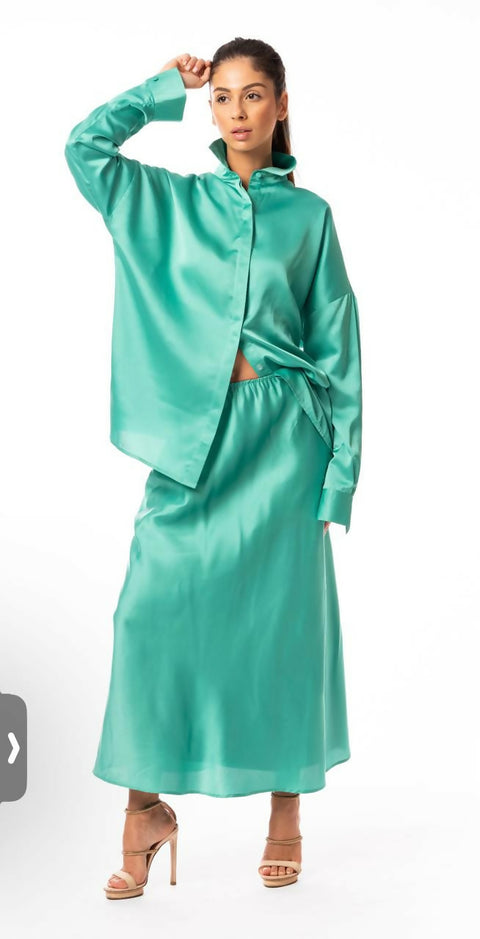 Green Silk Classic Button-Down Design Shirt And Elegant Skirt