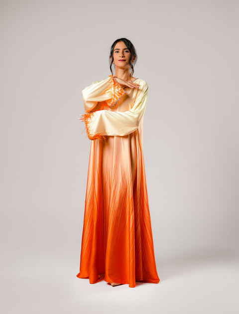 Dress-Jellabiya- Patterned Silk long Loose Style - With A luxury mixture of yellow and orange color-Sleeves with lace and soft feathers