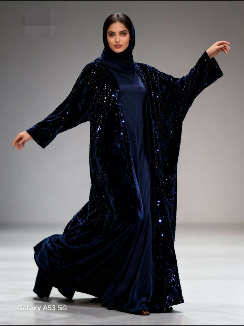 Bisht – Velvet Luxury Sparkling Navy-Blue abaya with sophisticated Navy-Blue beads