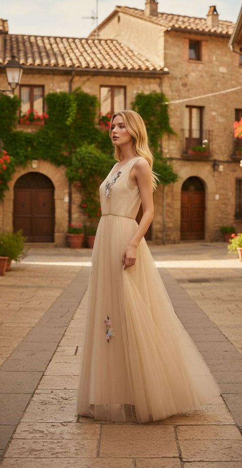 Layered Tulle Dress in Soft Beige