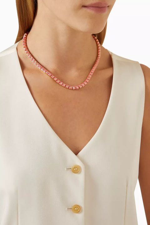 Pyramid Stud Tennis Necklace Hot Pink Gold