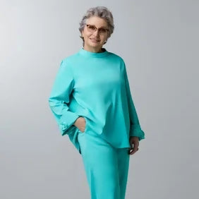 Green Silk Long Sleeve Set with Mandarin Collar and Trousers