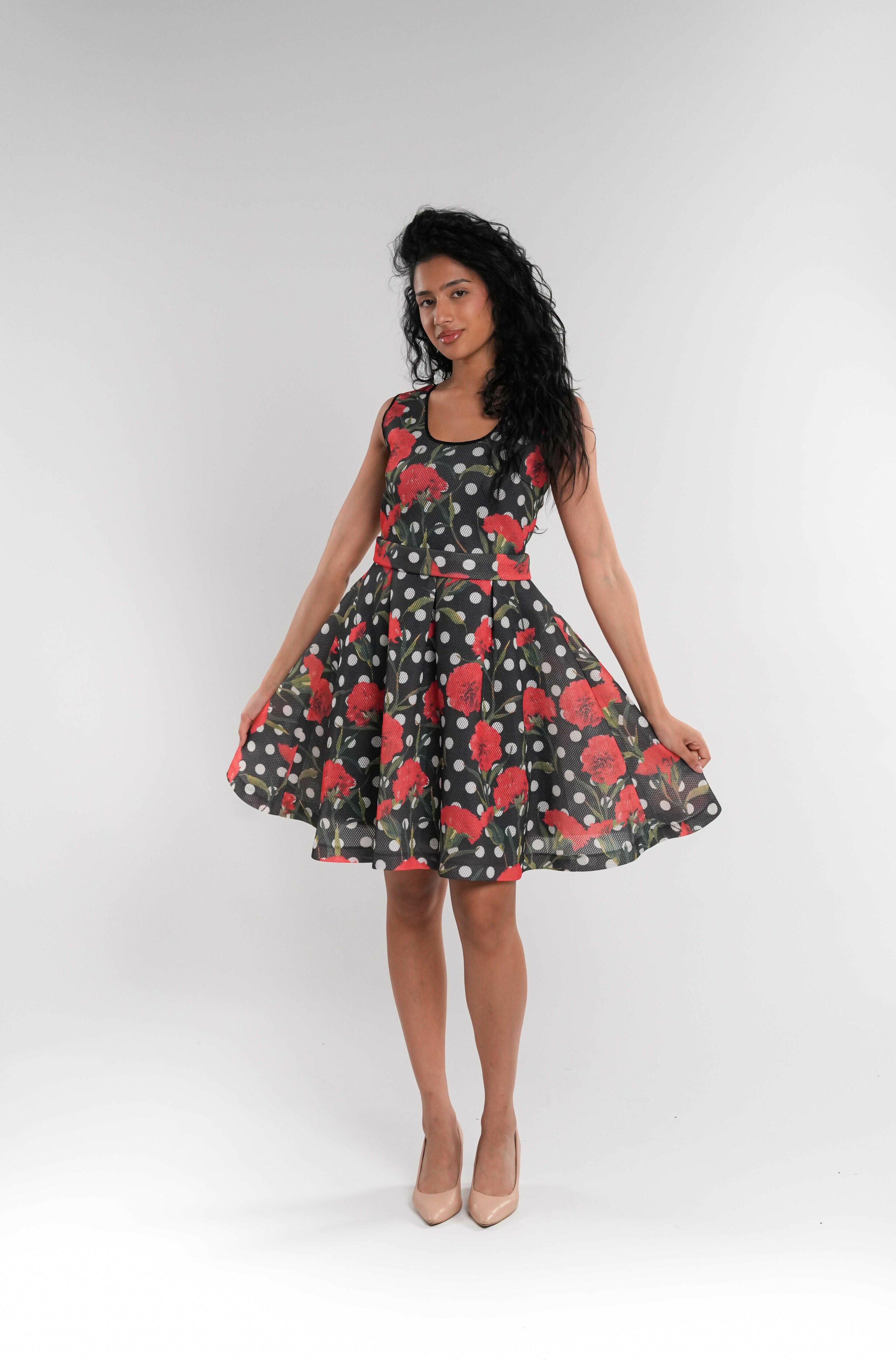 Pleated Mesh Floral Mini Dress