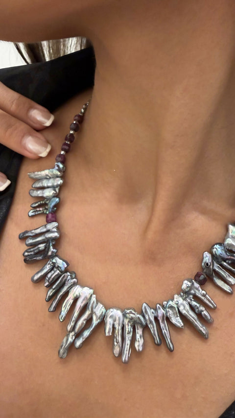 Silver Ruby Pearl Necklace
