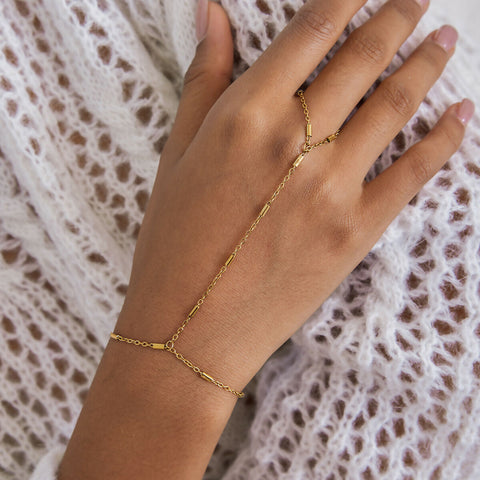 Celia – Three-Layer CZ Hand Chain Finger Bracelet, 18K Gold Finish