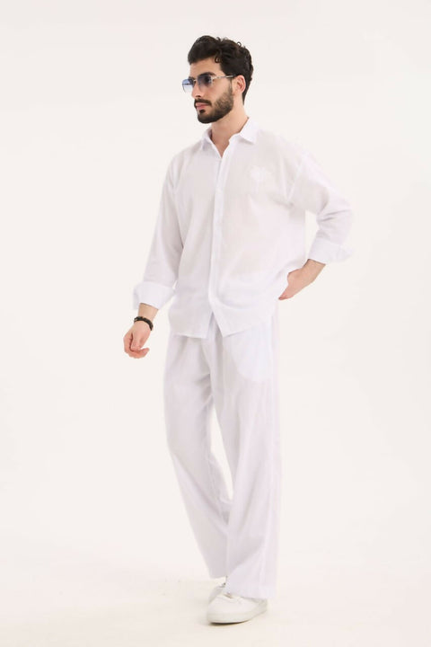 Embroidered Detail Shirt & Pants Set- White