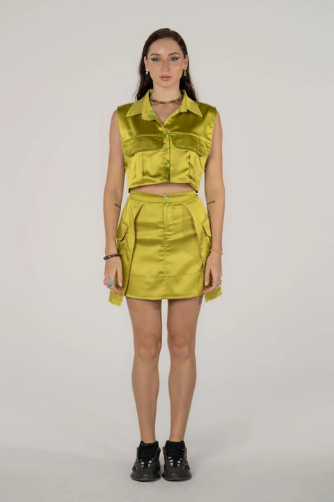 Lime Green Silky Satin Cargo Skirt