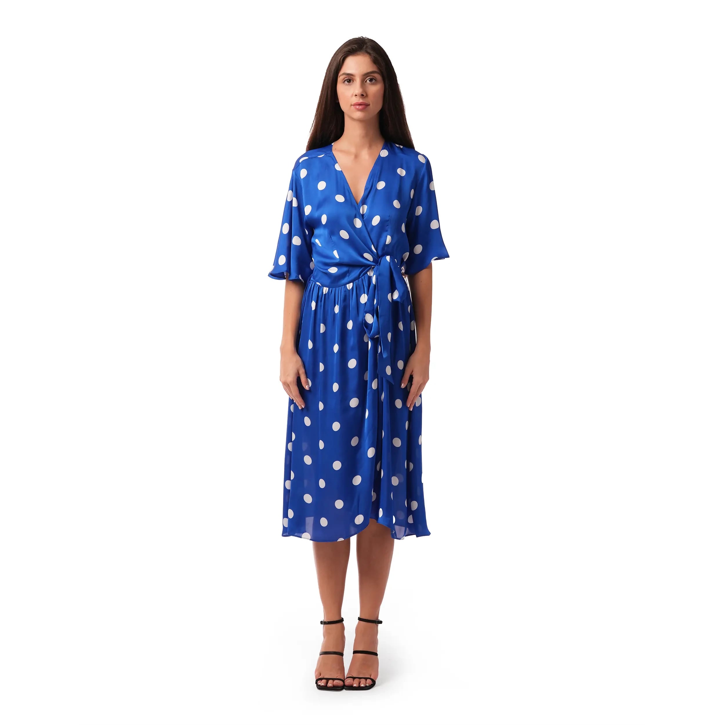 Midi silk overlap dress in polka dot blue