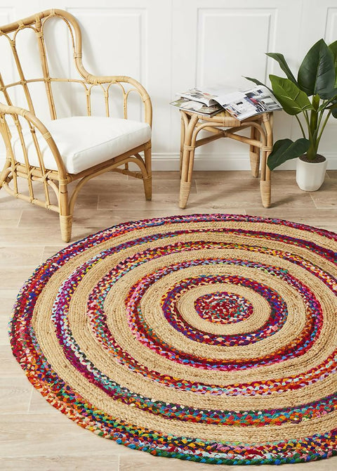 Round Jute carpet rug with colorful braiding