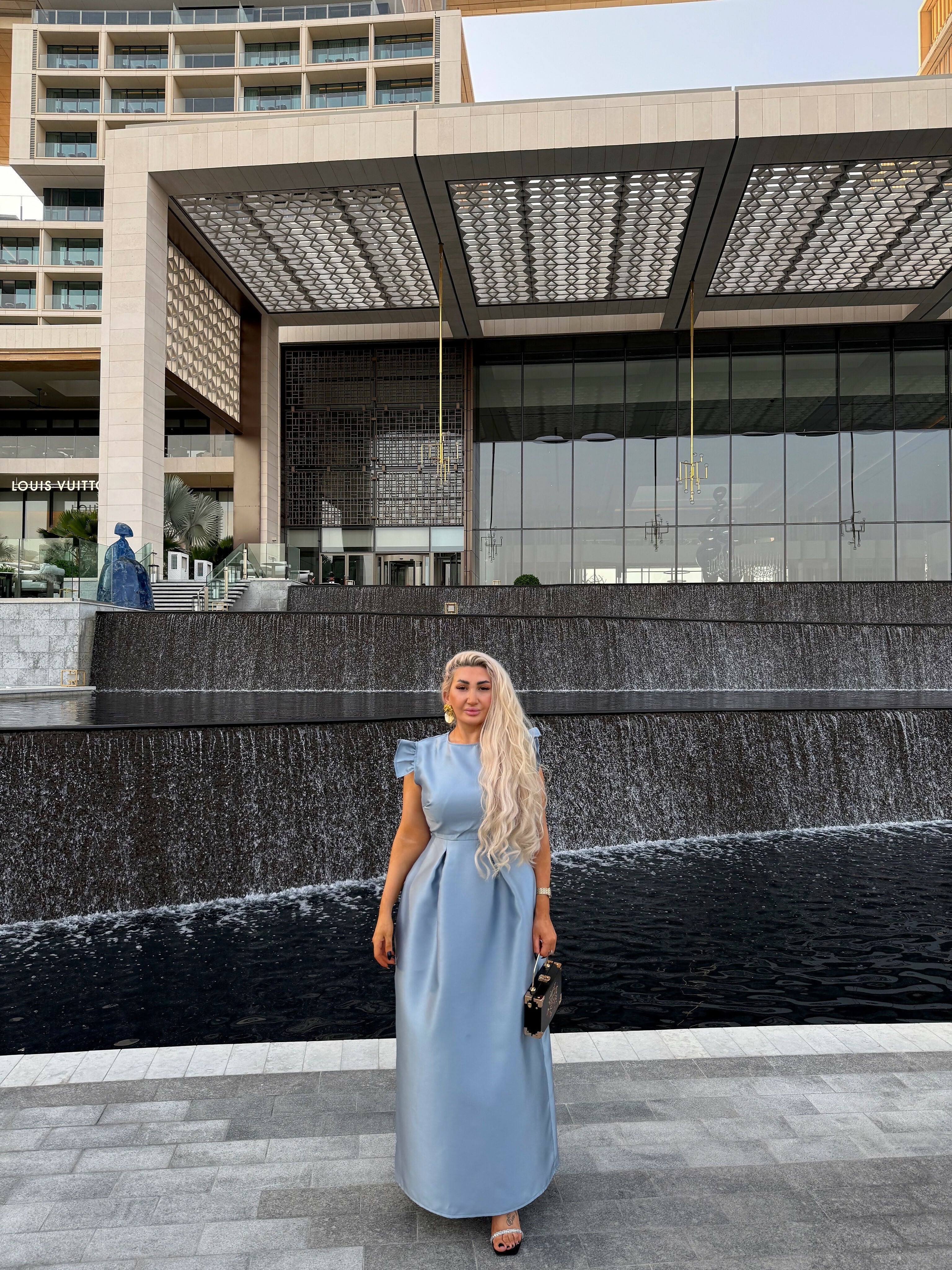 Luxury Sky Blue taffeta Evening Gown with Ruffled Sleeves