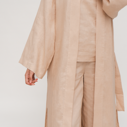 Reese, Italian Linen Kimono Midcalf Jacket in Beige