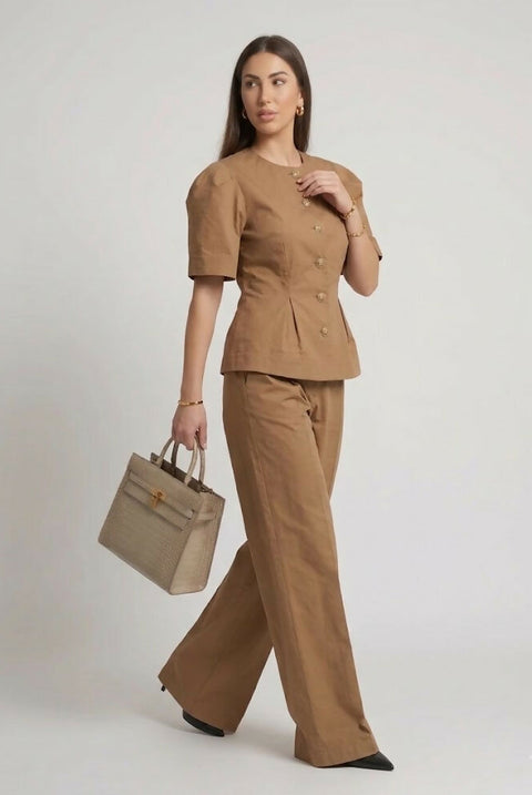 Exclusive Beige Two-Piece Set in Stretch Memory Taffeta