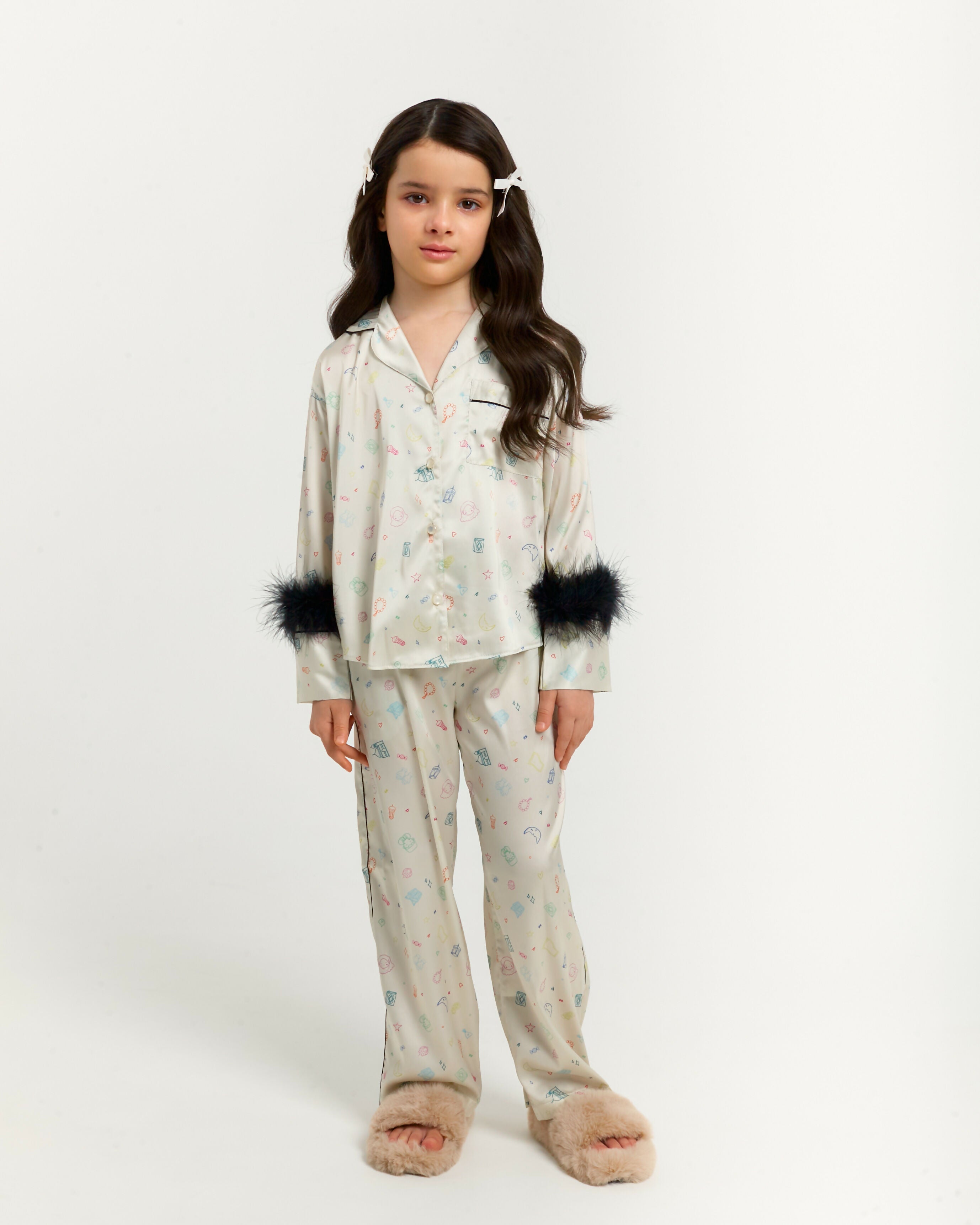 Ramadan Kids' Silk Pajama Set – Luxe Fur Trim & Custom Print (2-Piece)