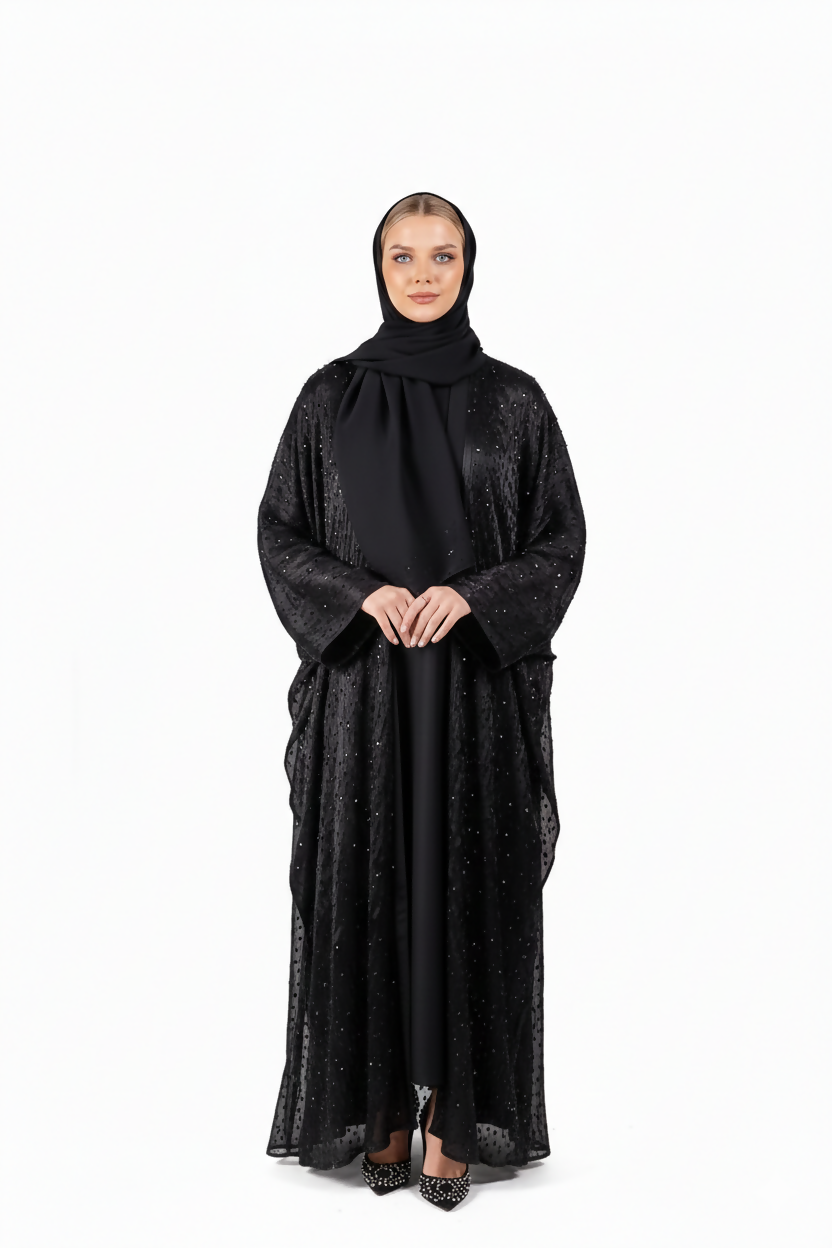 Tara Midnight Shimmer Abaya– 3-Piece Set