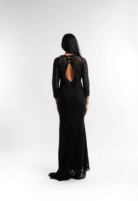 Crystal-Button Lace Dress in Black