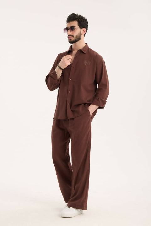 Embroidered Detail Shirt & Pants Set- Brown