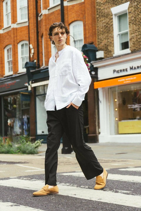 Mandarin Collar, Single Pocket Detail, Long Sleeve Cotton Shirt - White