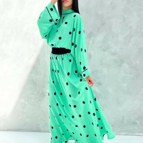 Green Cotton Maxi Dress, Adorned With Chic Black Dots