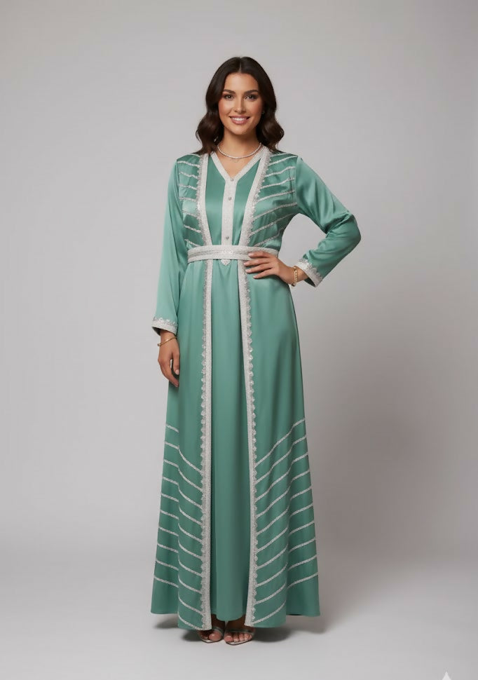 Handcrafted Embroidered – TWO Piece Kaftan Dress with belt – in striped elegant touch