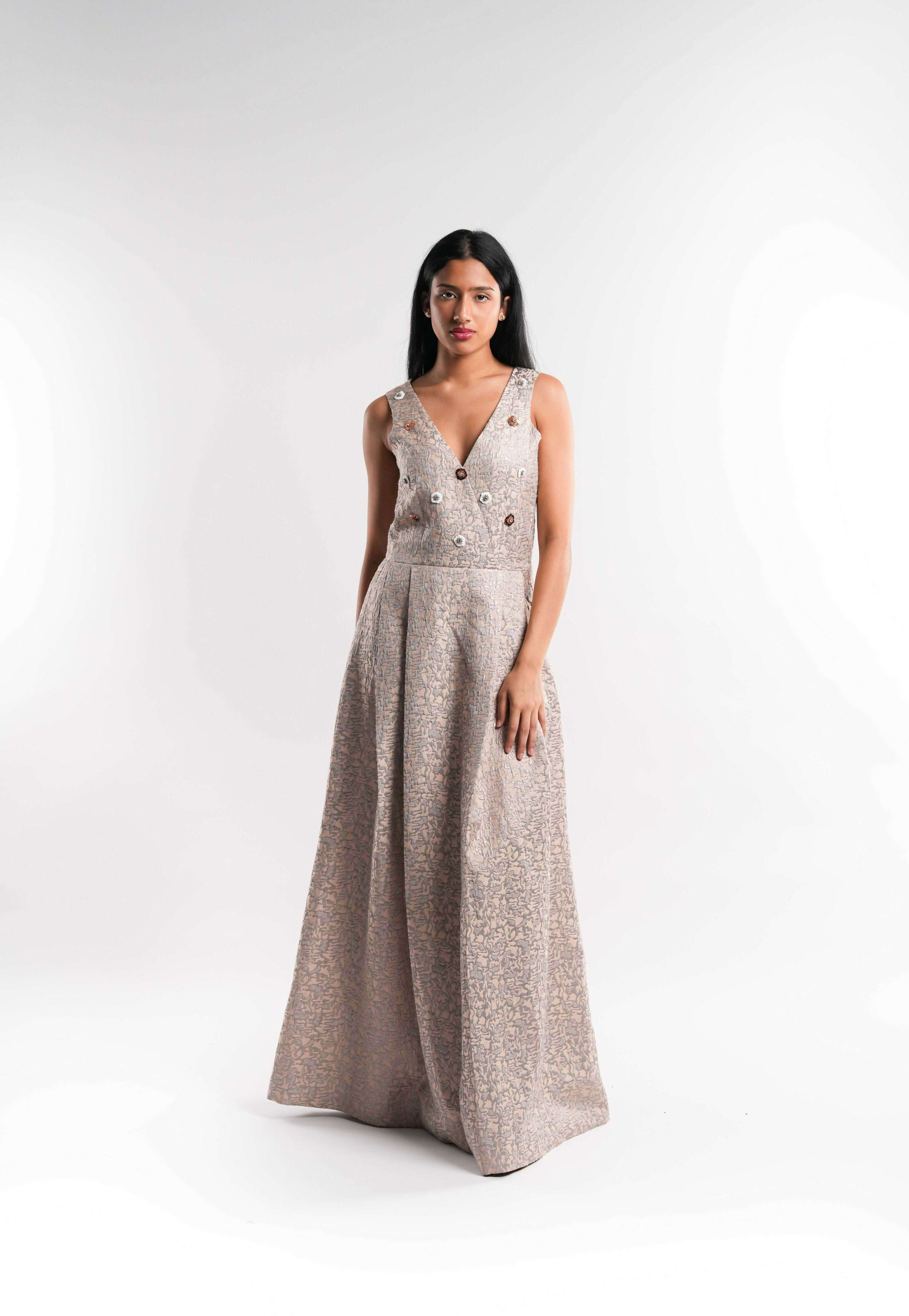 Metallic Brocade Midi Dress in Champagne Beige