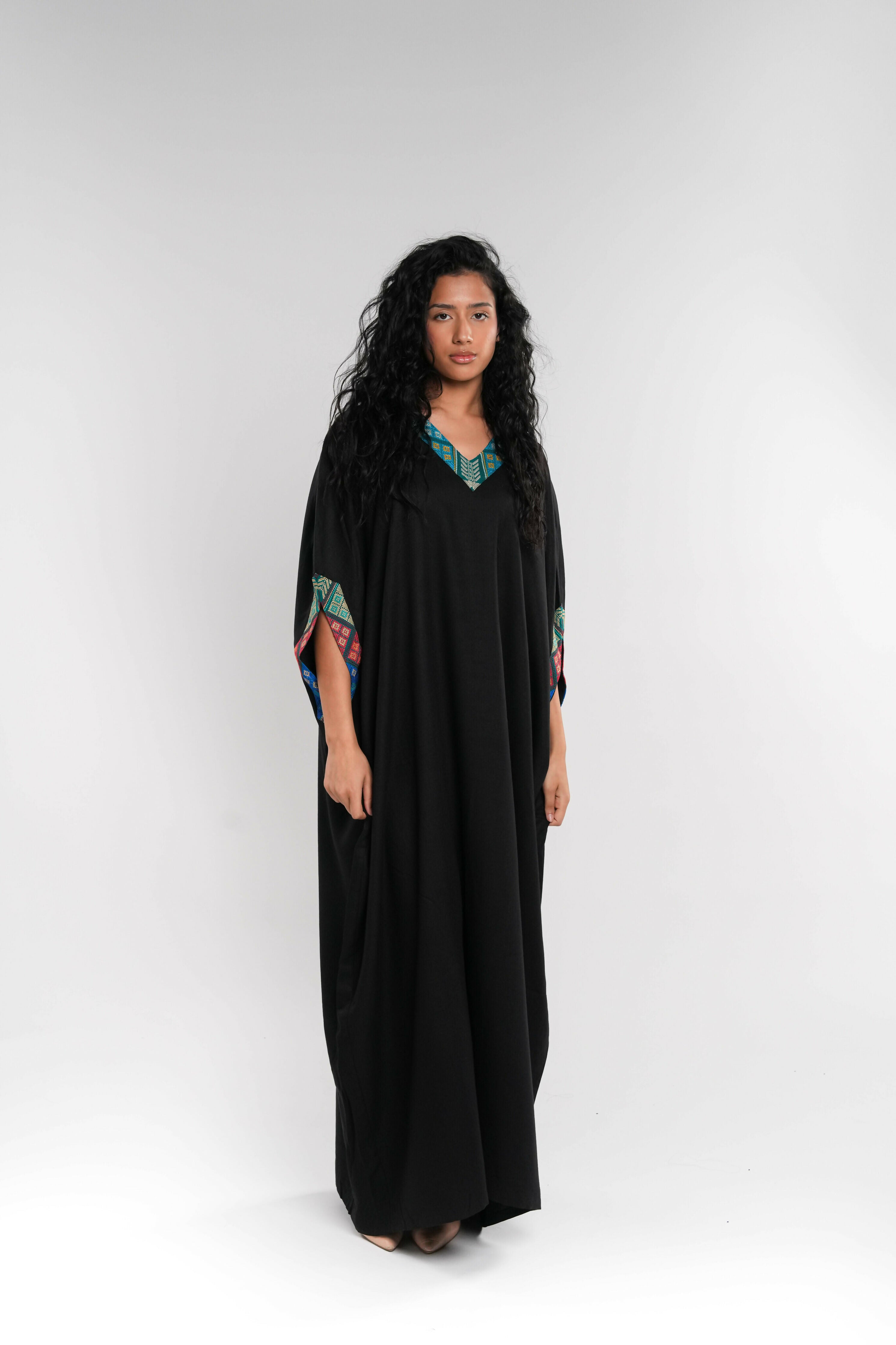 Black Mix Linen Abaya with Embroidered Neckline