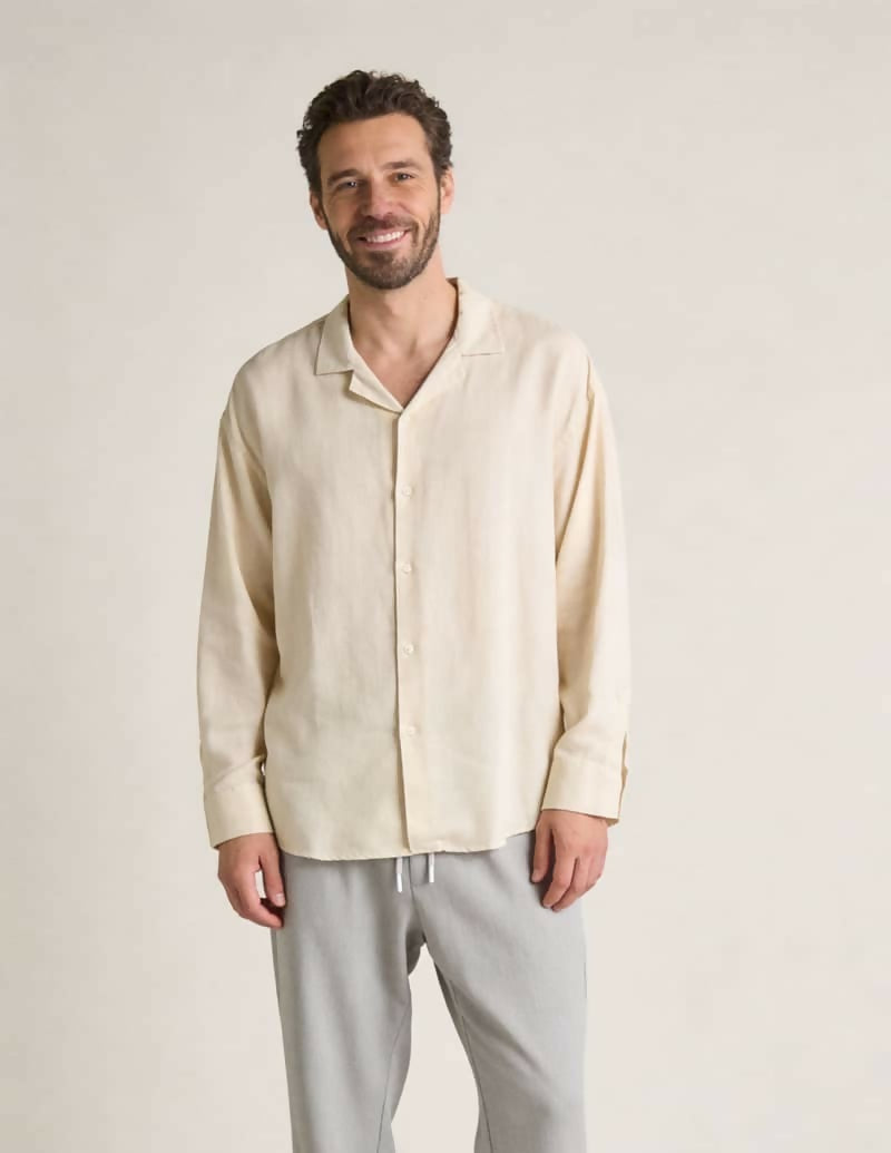 Apache Collar Back Pleated Long Sleeve Shirt - Beige