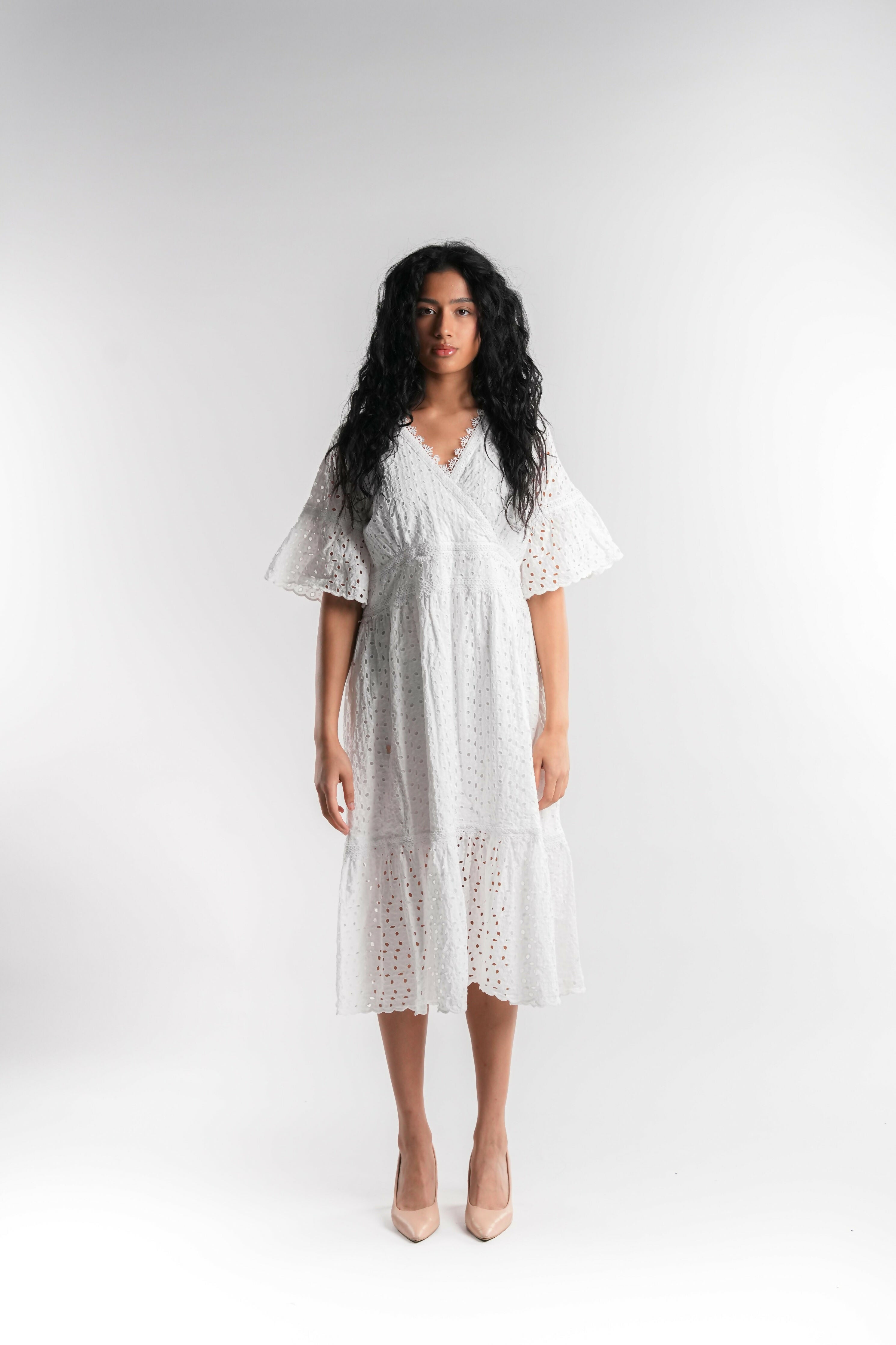 White Cotton Midi Lace Dress