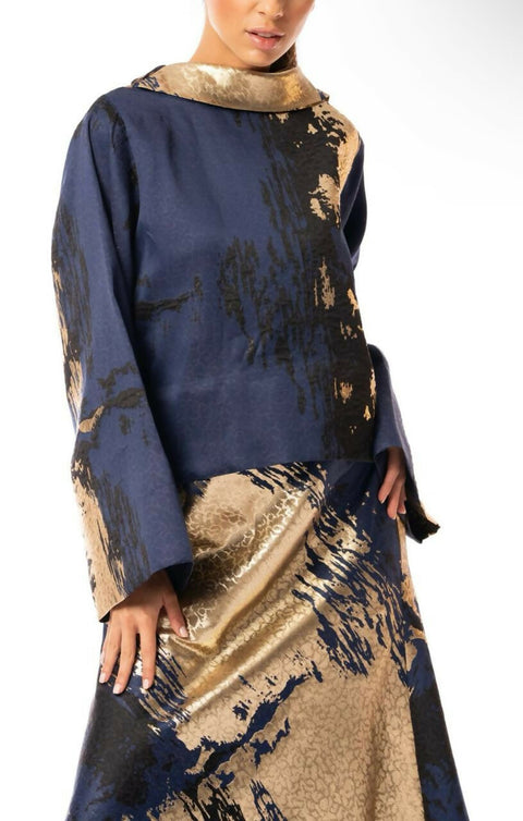 Gold Blue Brocade Set: Voluminous Top and Midi Skirt