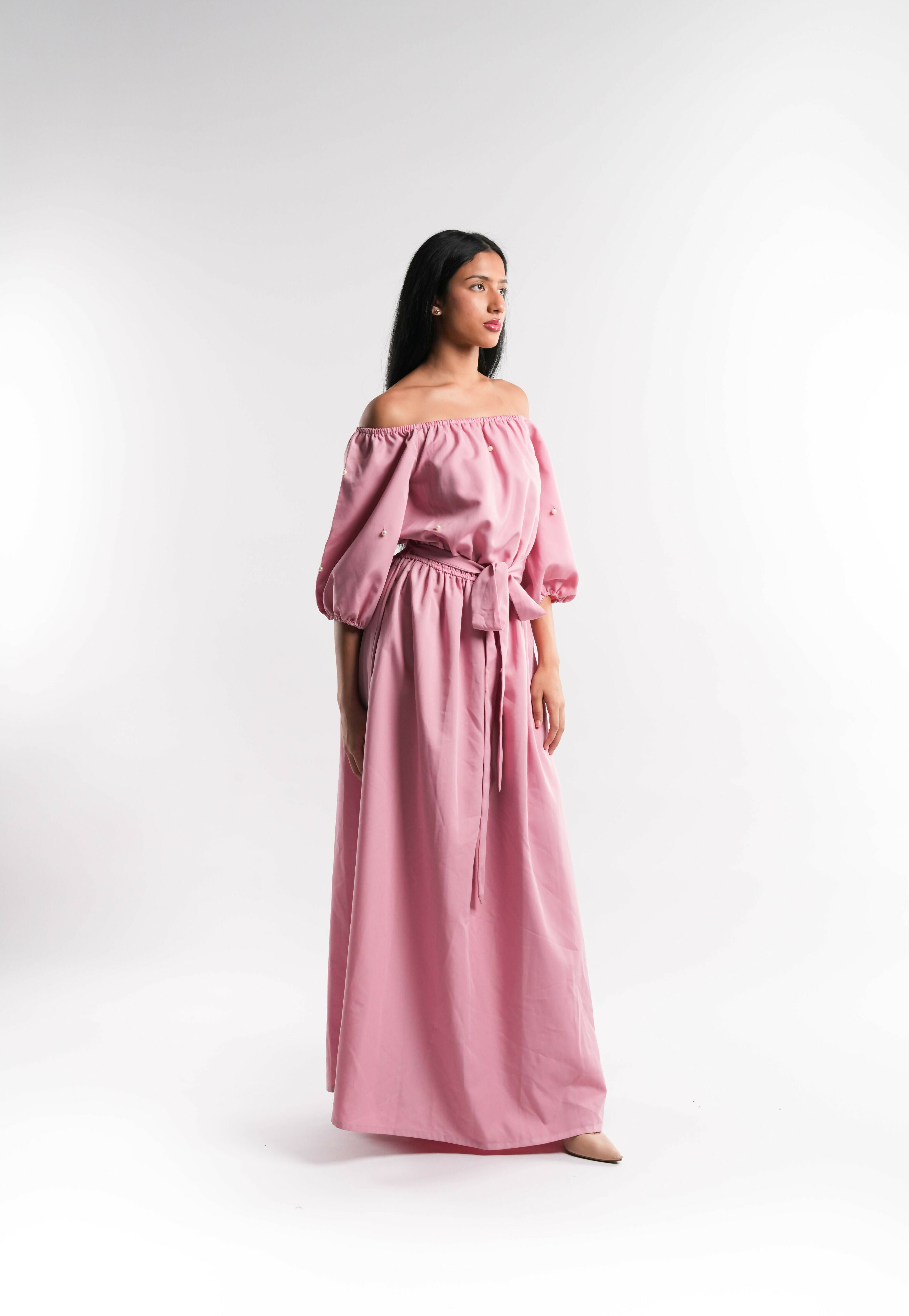 Pink Cotton Off Shoulder Dress