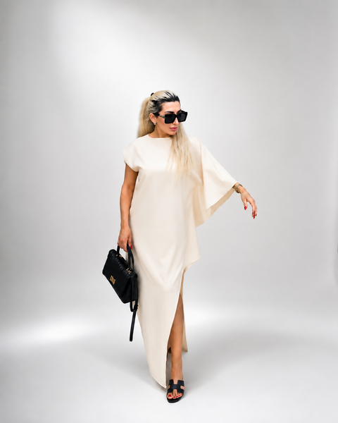 Icona Stile Minimalist Asymmetric White Maxi Dress with Side Slit