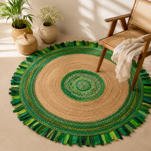 Cotton Jute and Tassel Braided Green Carpet