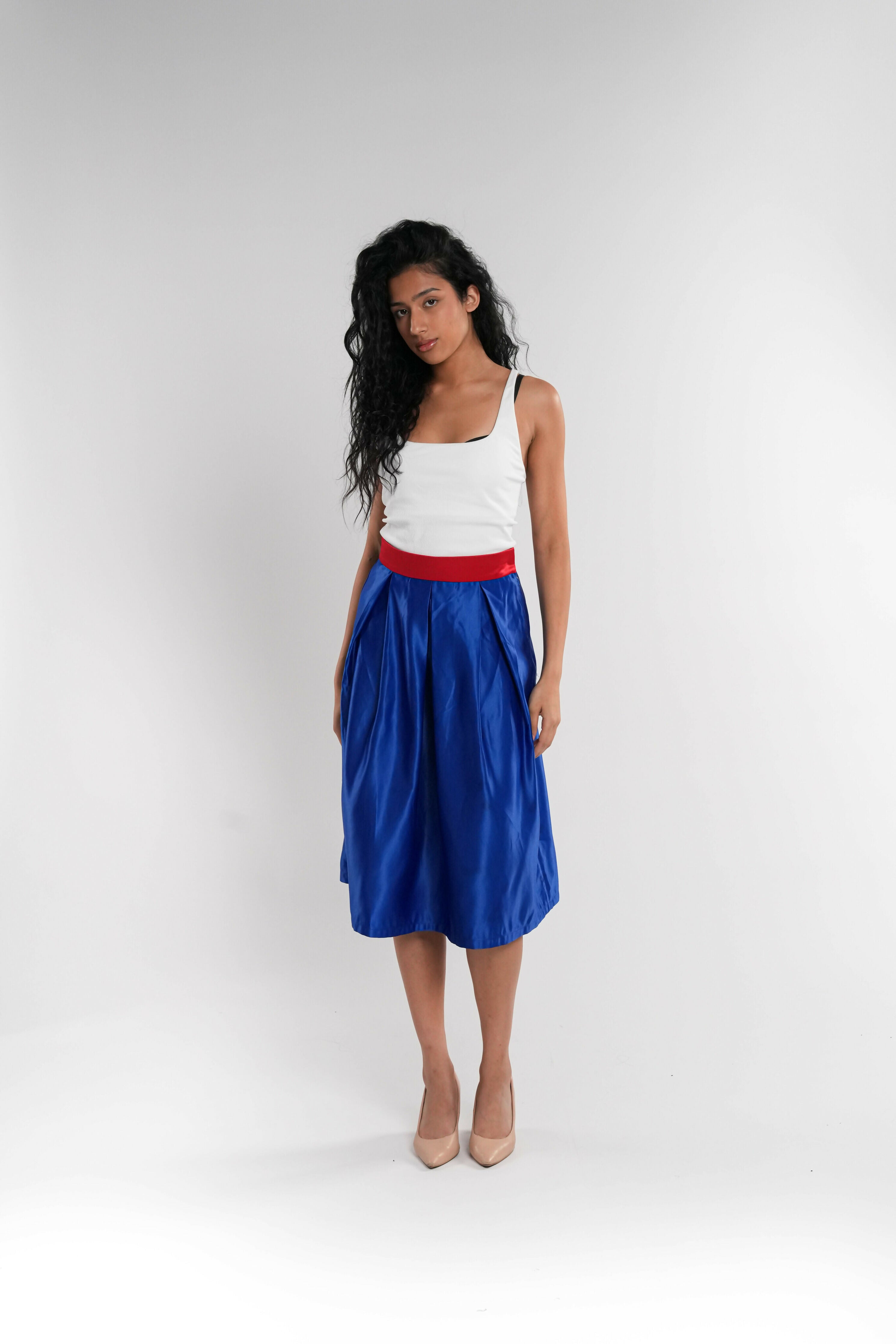 Blue Satin Skirt with Red Belt