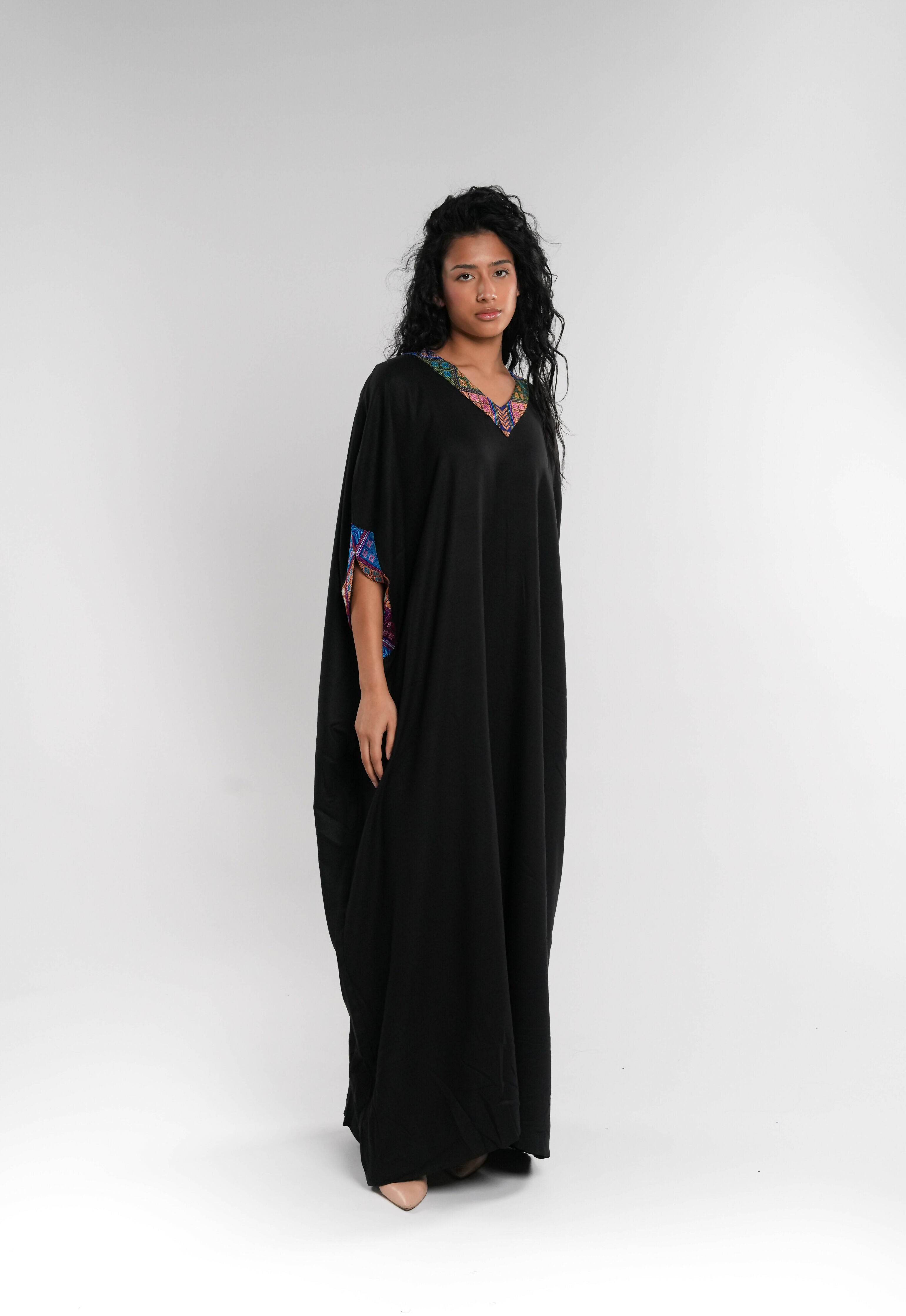 Black Mix Linen Abaya with Embroidered Neckline