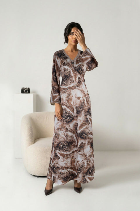 Dress-Jellabiya- Patterned Silk long Loose Style -with splendid Colores Brown