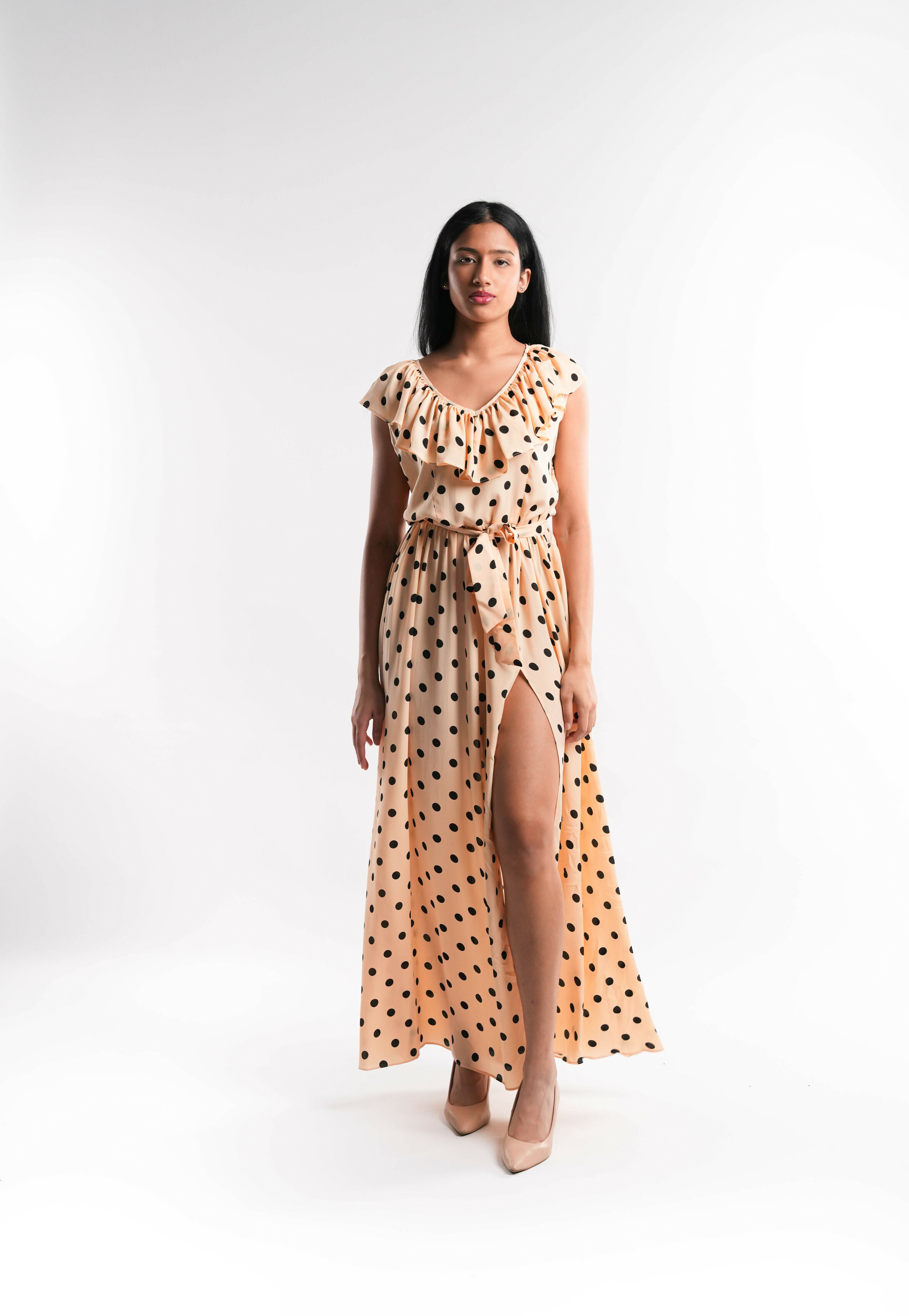 Yellow Polka Dot Crepe Dress