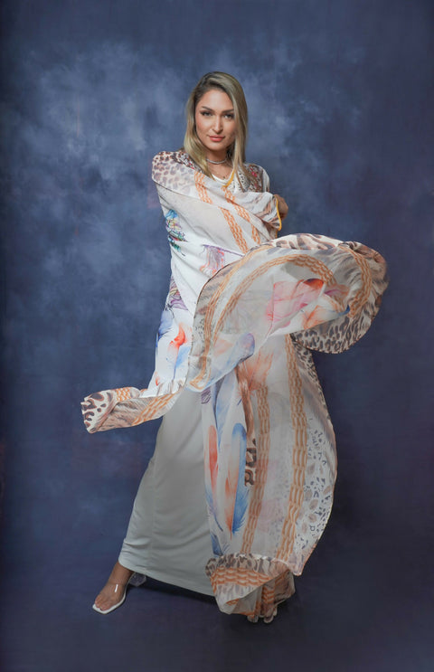 Handcrafted Embroidered Two-piece Silky Kaftan in Multicolour Digital Print Free Size