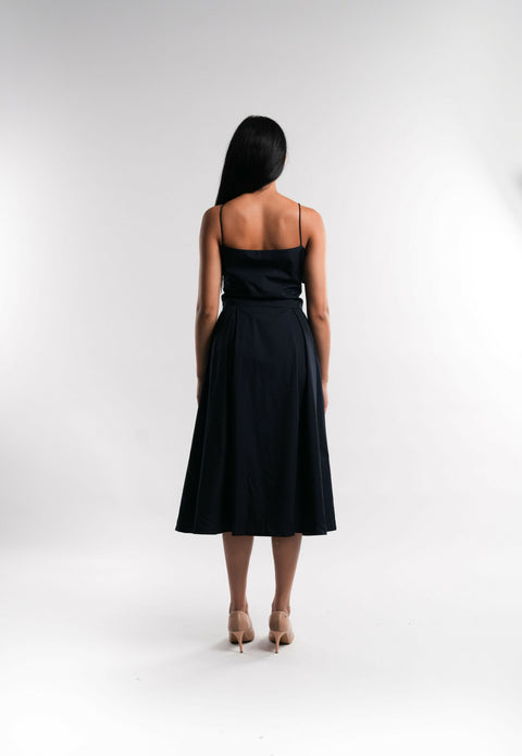 Navy Blue Cotton Dress with Pearl Details