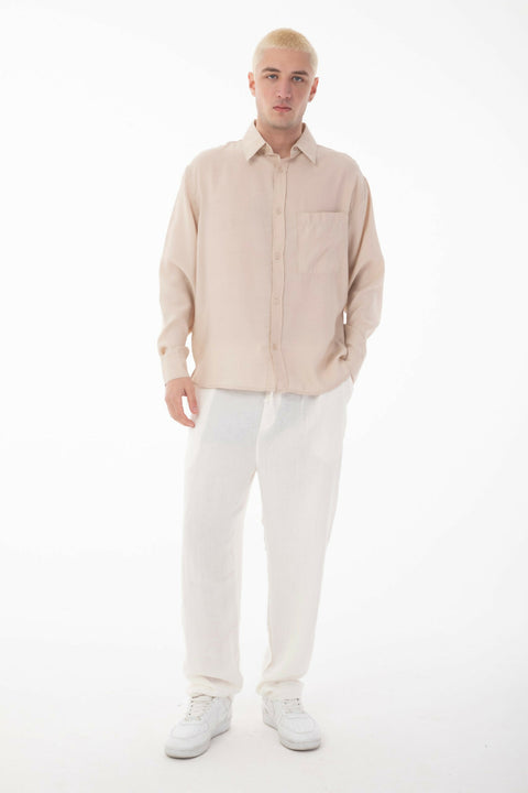 Stand Collar Single Pocket Detailed Long Sleeve Modal Shirt - Beige