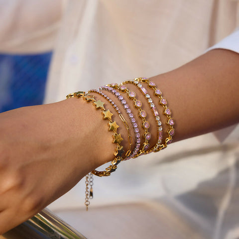 Ceryn – White Round & Pink Baguette CZ Tennis Bracelet, 18K Gold Finish