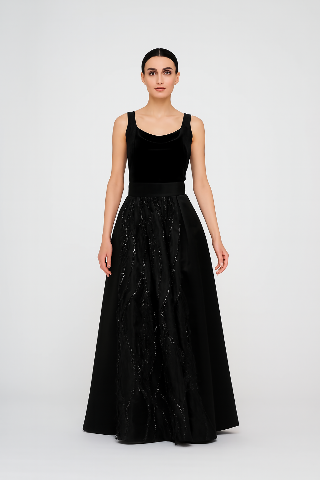 Black Taffeta Wide Skirt With Black Velour Top