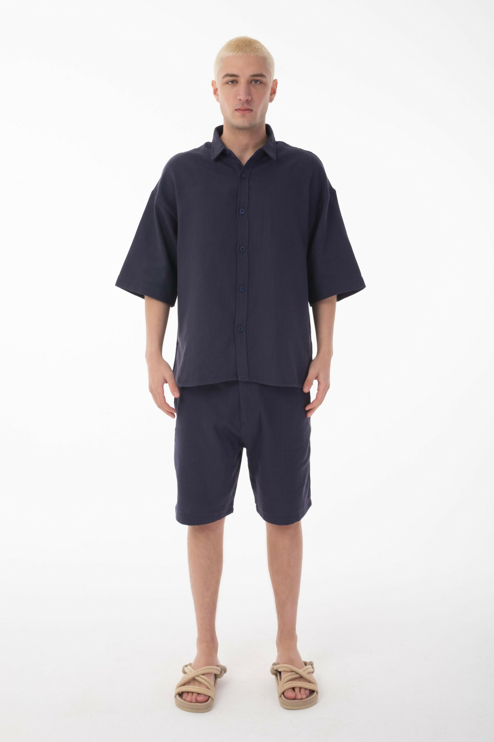 Linen Co-ord Set with Stand Collar Shirt - Navy