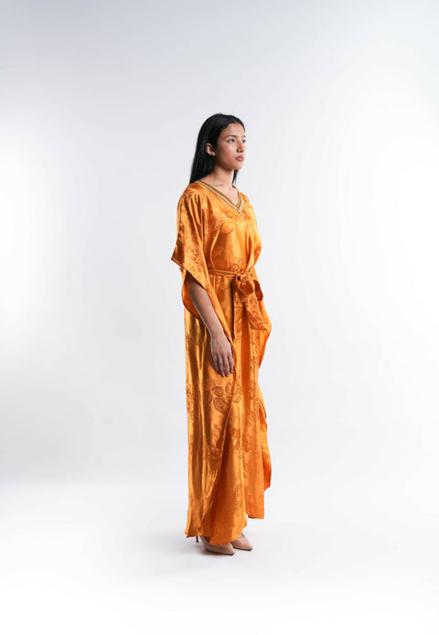 Yellow Satin Kaftan with Lace Detail