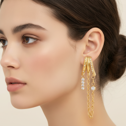 Tassel Earring Crystal Three Layer Hollow - Triple Hoop Chain Drop