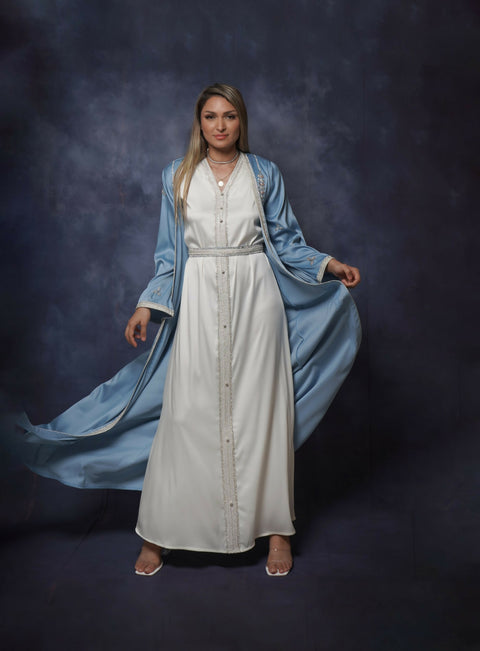 Handcrafted Embroidered – Two Piece Kaftan Dress with belt – in striped elegant touch