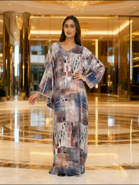 Dress-Jellabiya- Patterned Silk long Loose Style - With A luxury mixture of color-Sleeves with elegant and fashionable beads