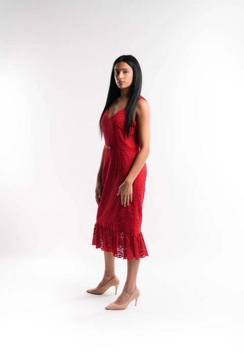 Red Lace Dress with Crystal Waist Detail