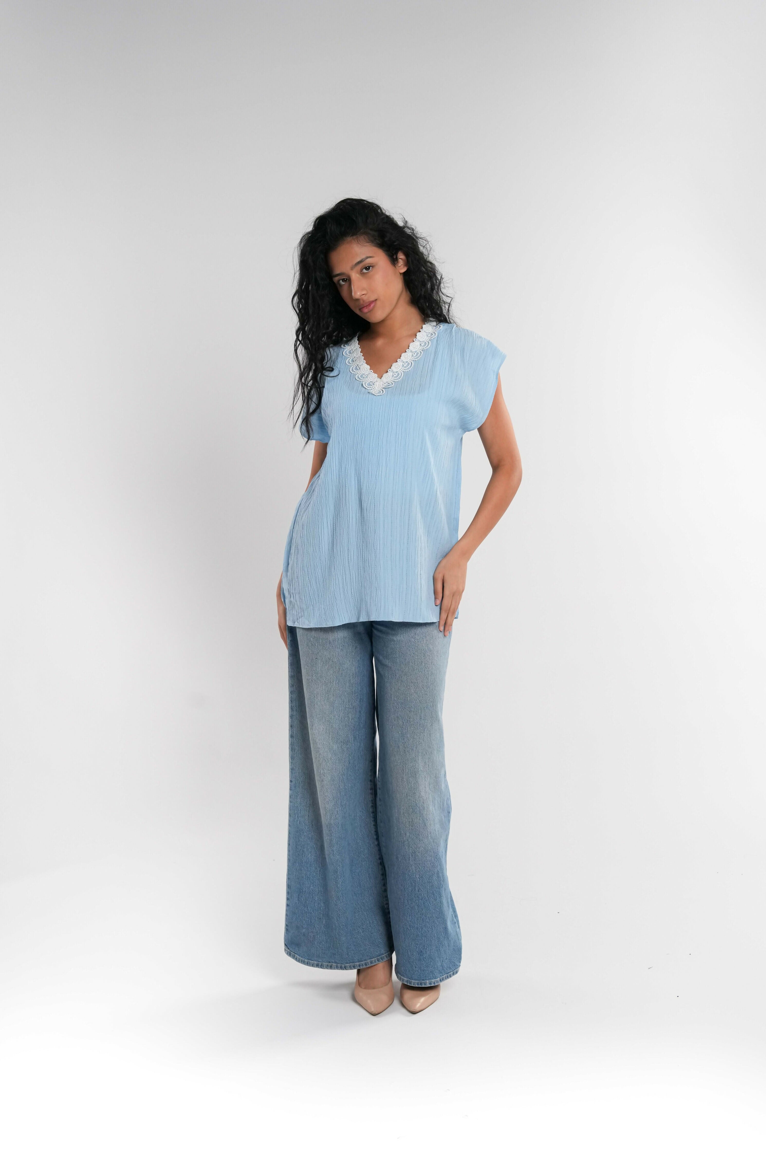 Blue Short Tunic with White Lace
