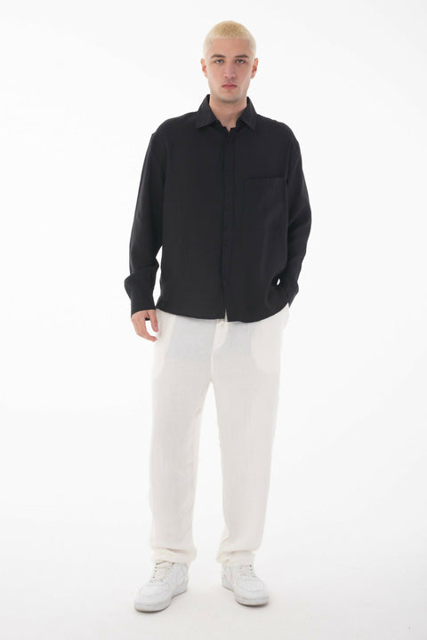 Stand Collar Single Pocket Detailed Long Sleeve Modal Shirt - Black