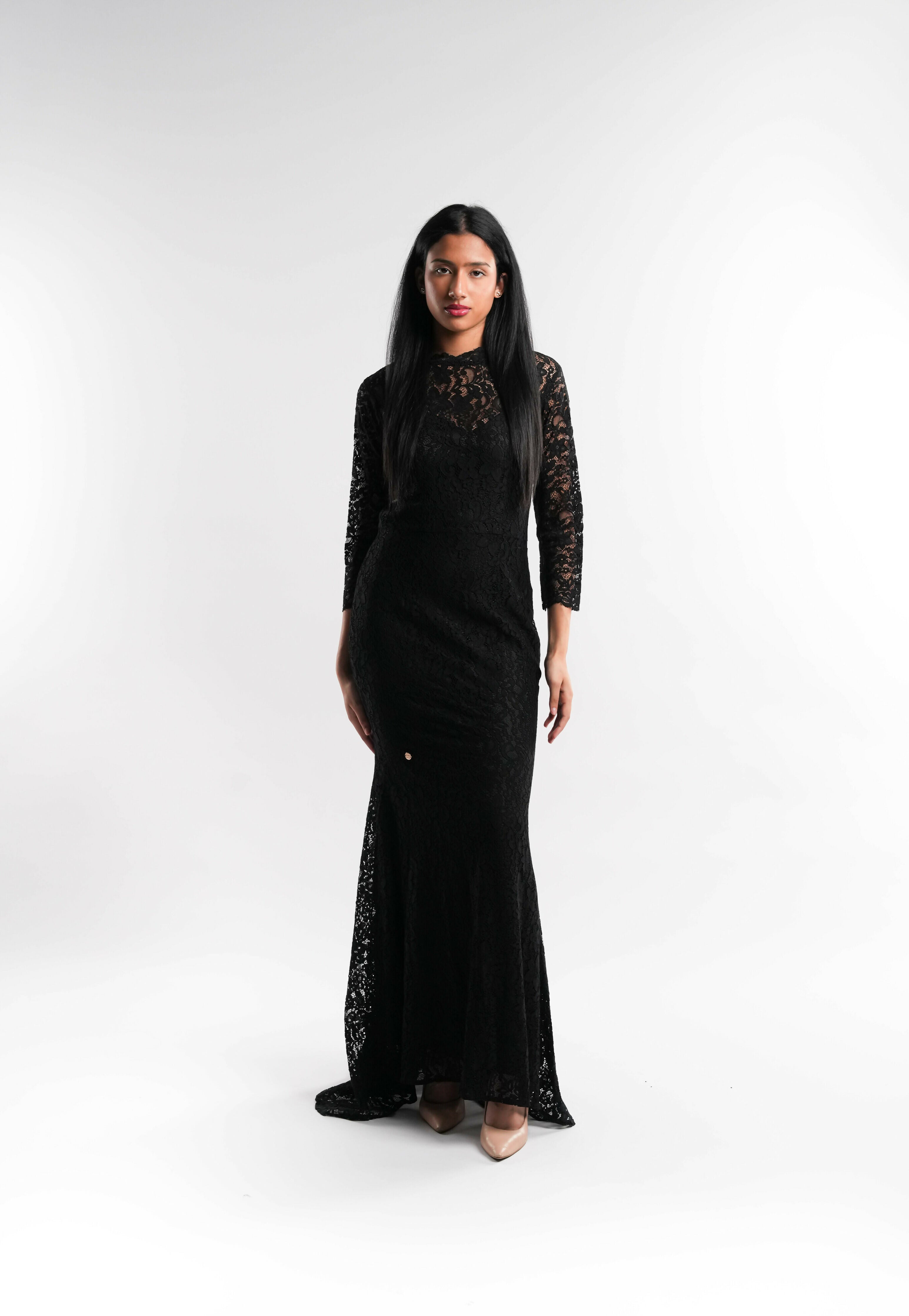 Crystal-Button Lace Dress in Black